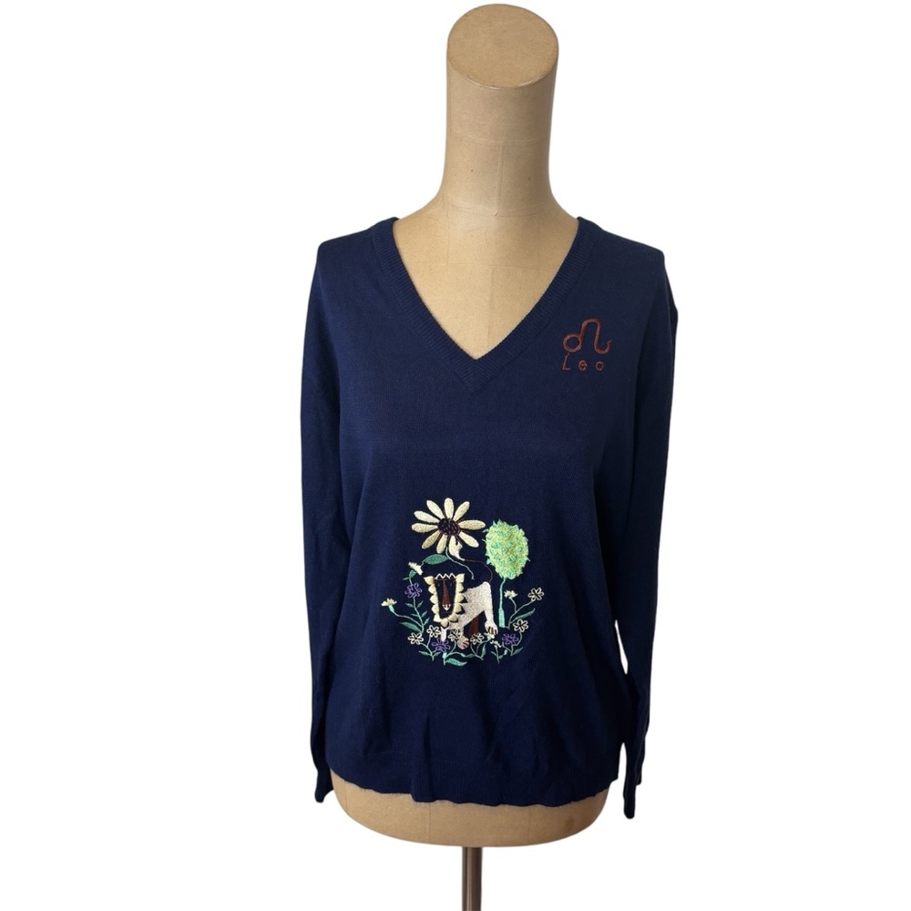 Vintage Bonnie Lee Leo Astrology Navy Blue Sweater with Lion Size Medium Large